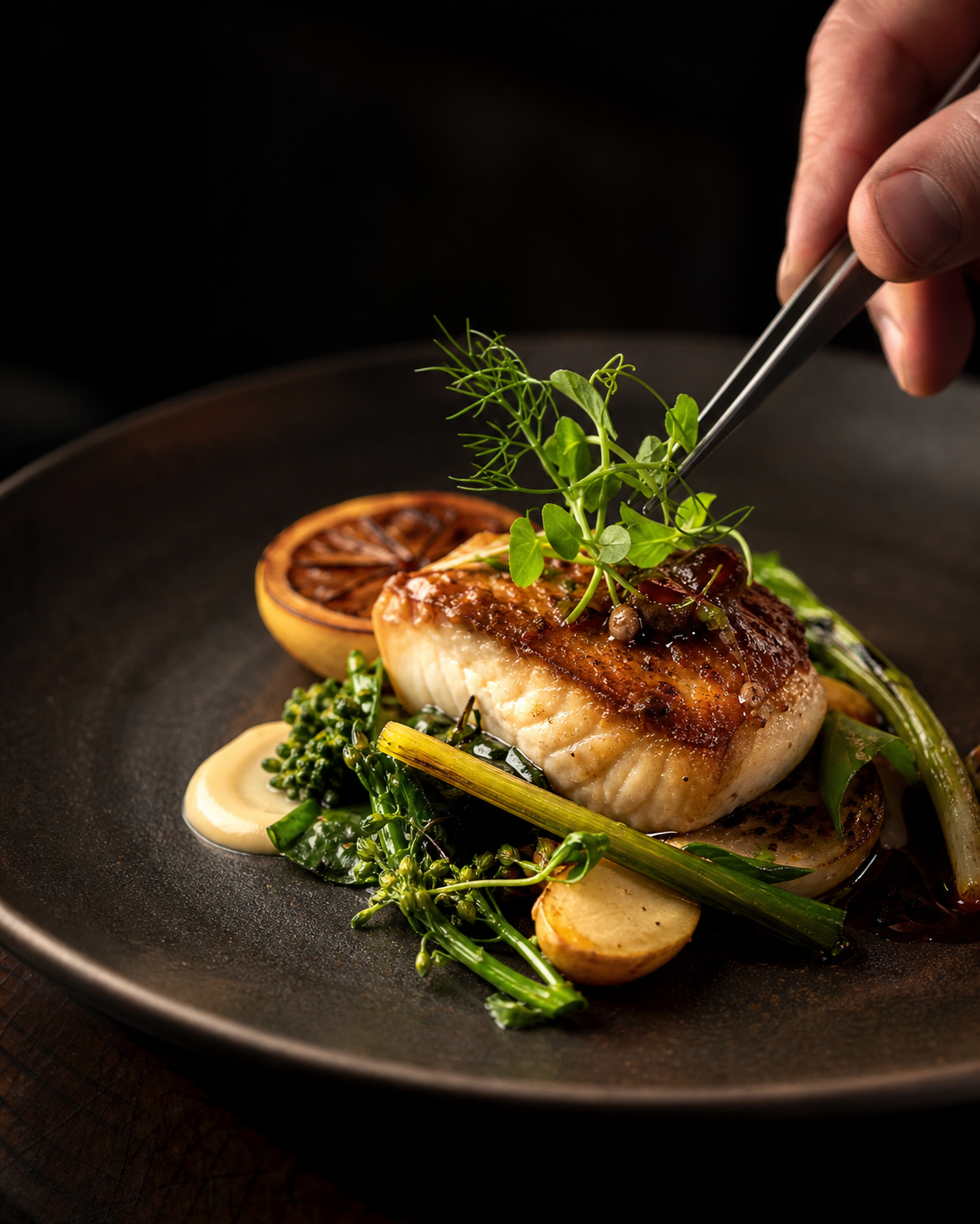 A local chef finishing a carefully plated entrée