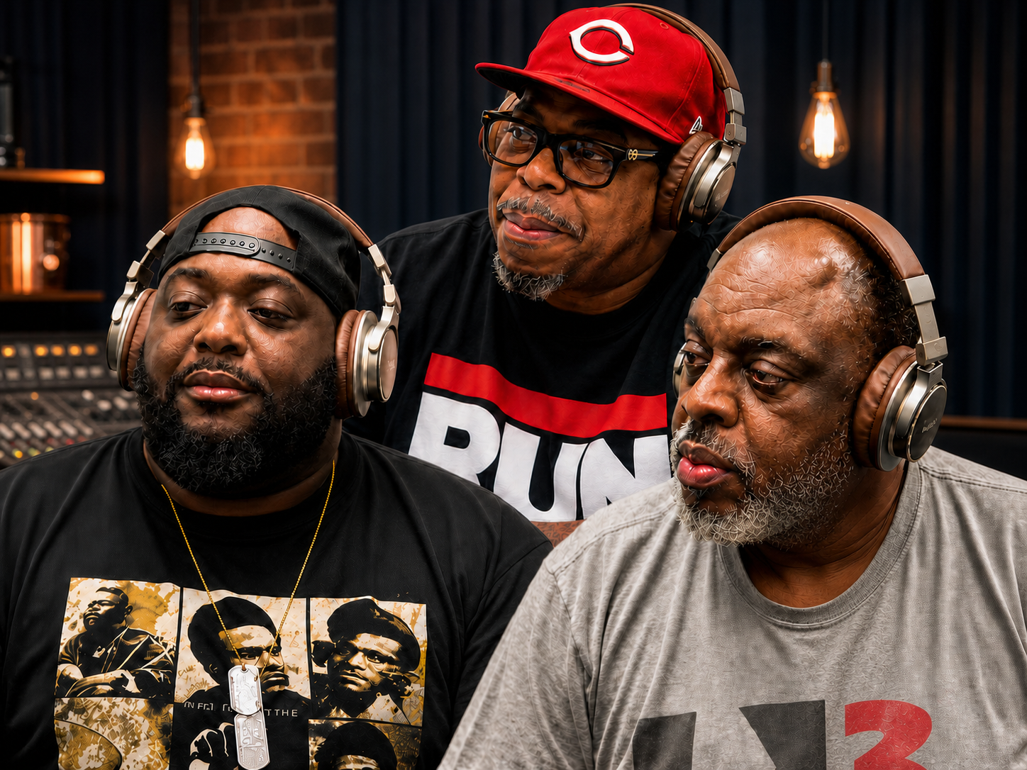 The three hosts of GIRTH Podcast together in a warm, navy studio